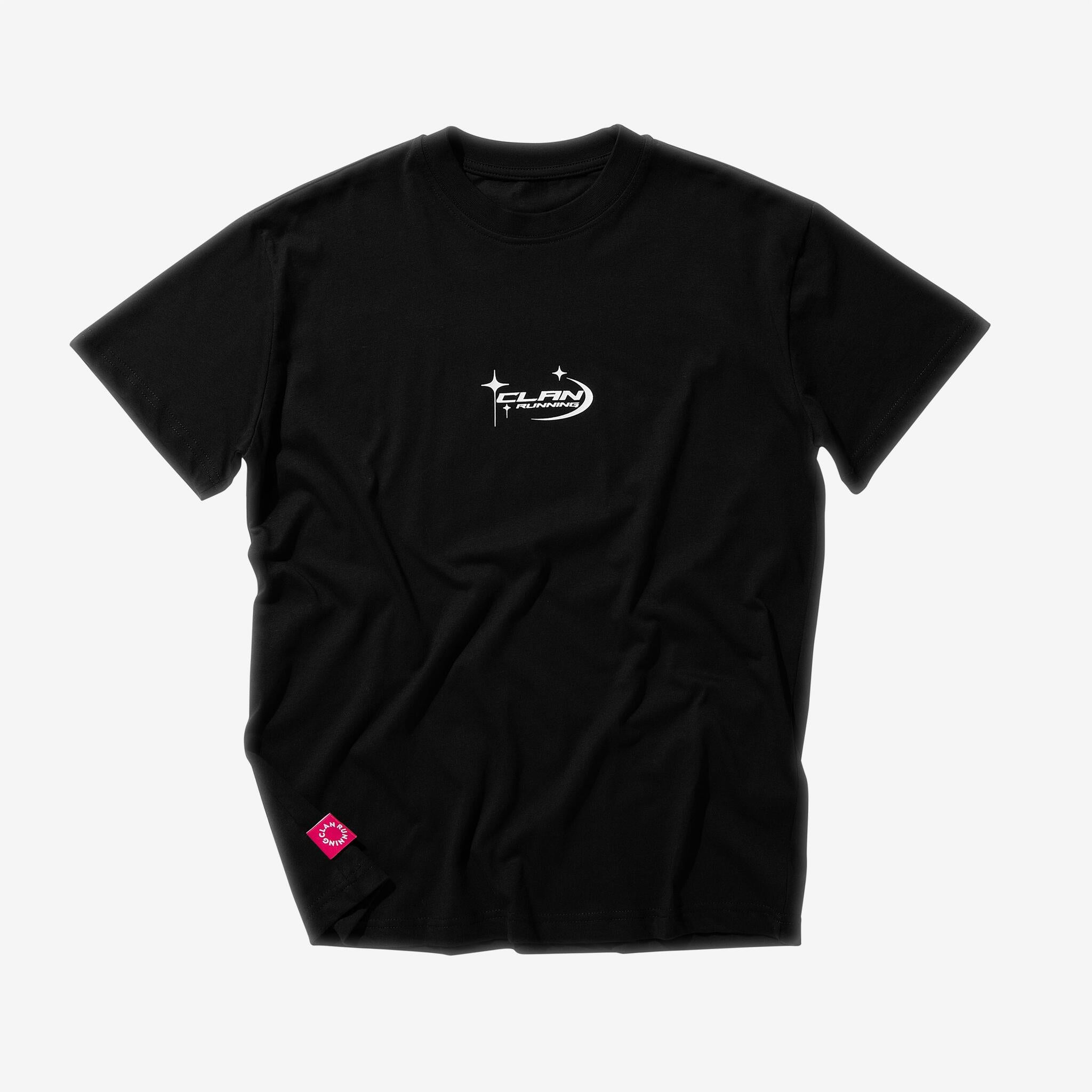 Clan Running black t-shirt - Front view with logo
